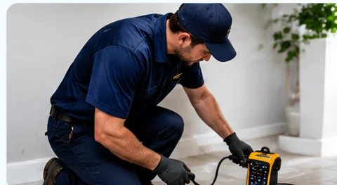 Plumbing professional using diagnostic equipment to investigate a possible leak