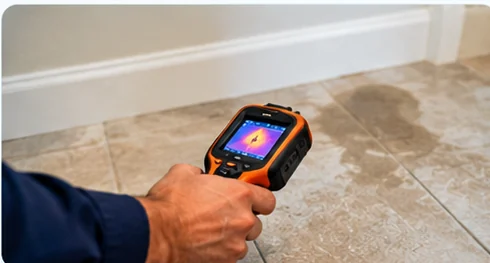 Thermal inspection checking a floor for possible hidden moisture